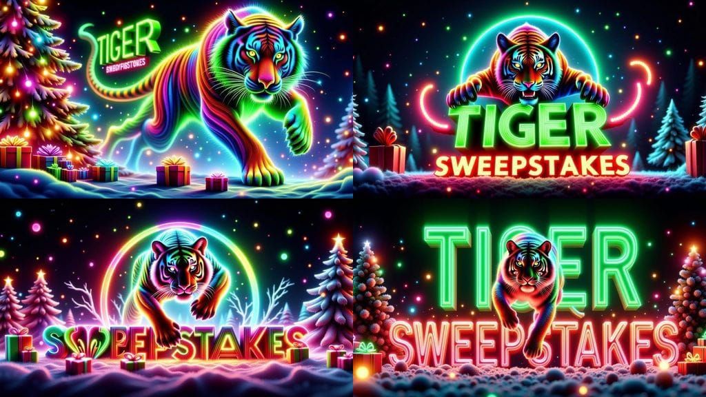 Bold 3D Text and Neon Tiger in Festive Scene