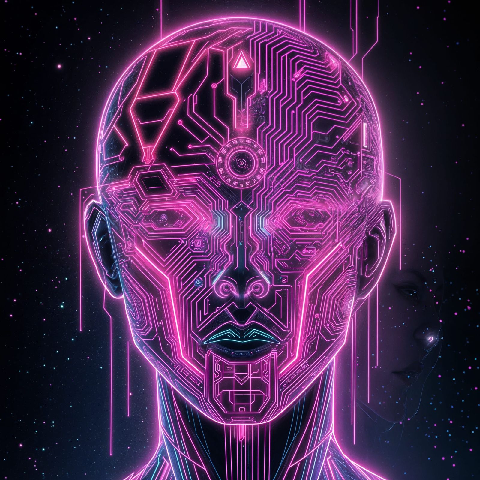 Surreal Cyberpunk Portrait in Neon Geometric Shapes