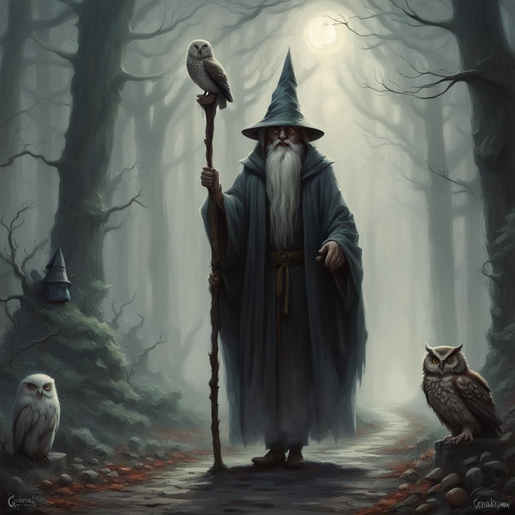 Wizard and Owl on Haunted Path in Foggy Forest