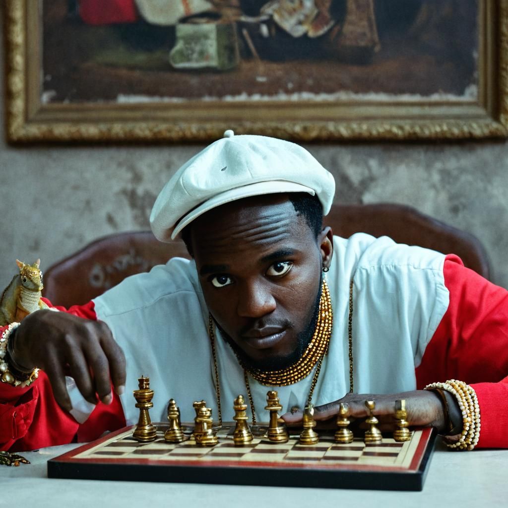 Intense Chess Game: Man vs Lizard in Vintage Room