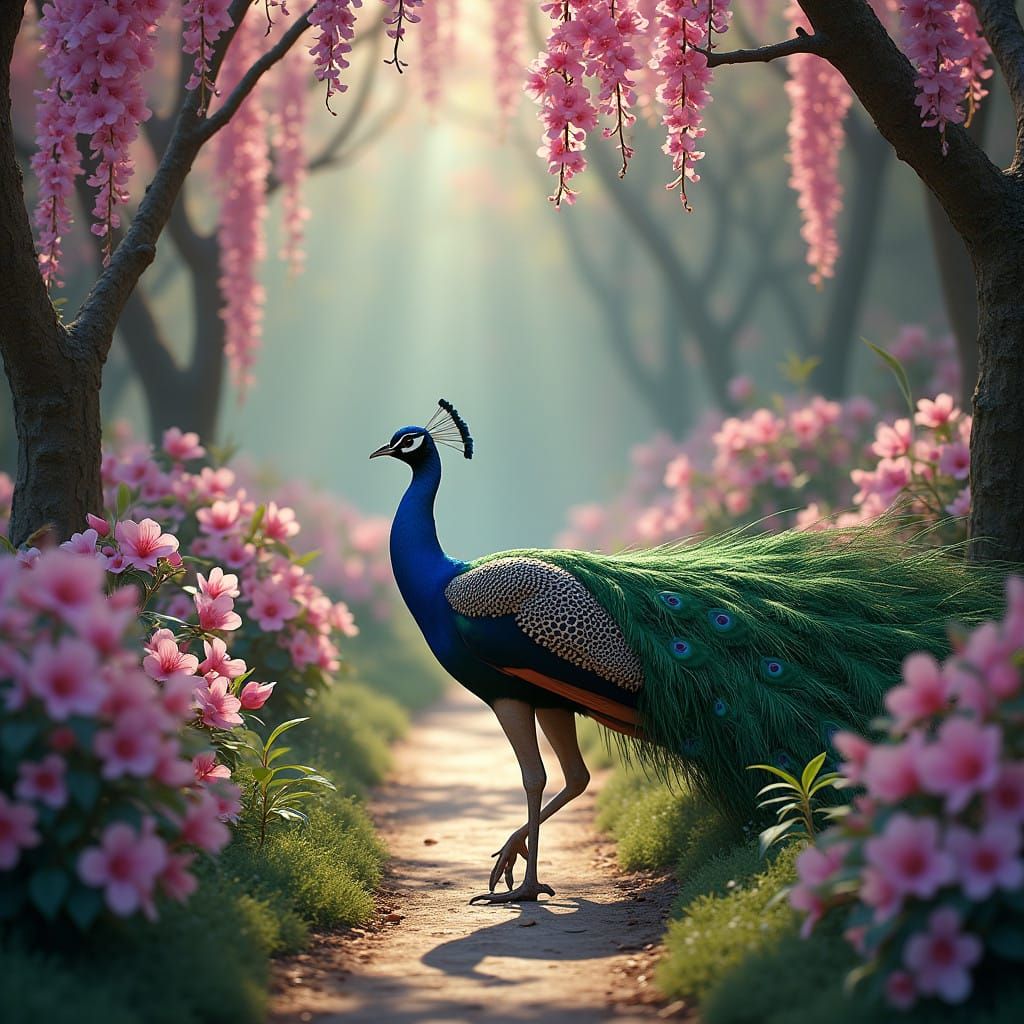 Ethereal Peacock in Vibrant Fantasy Landscape