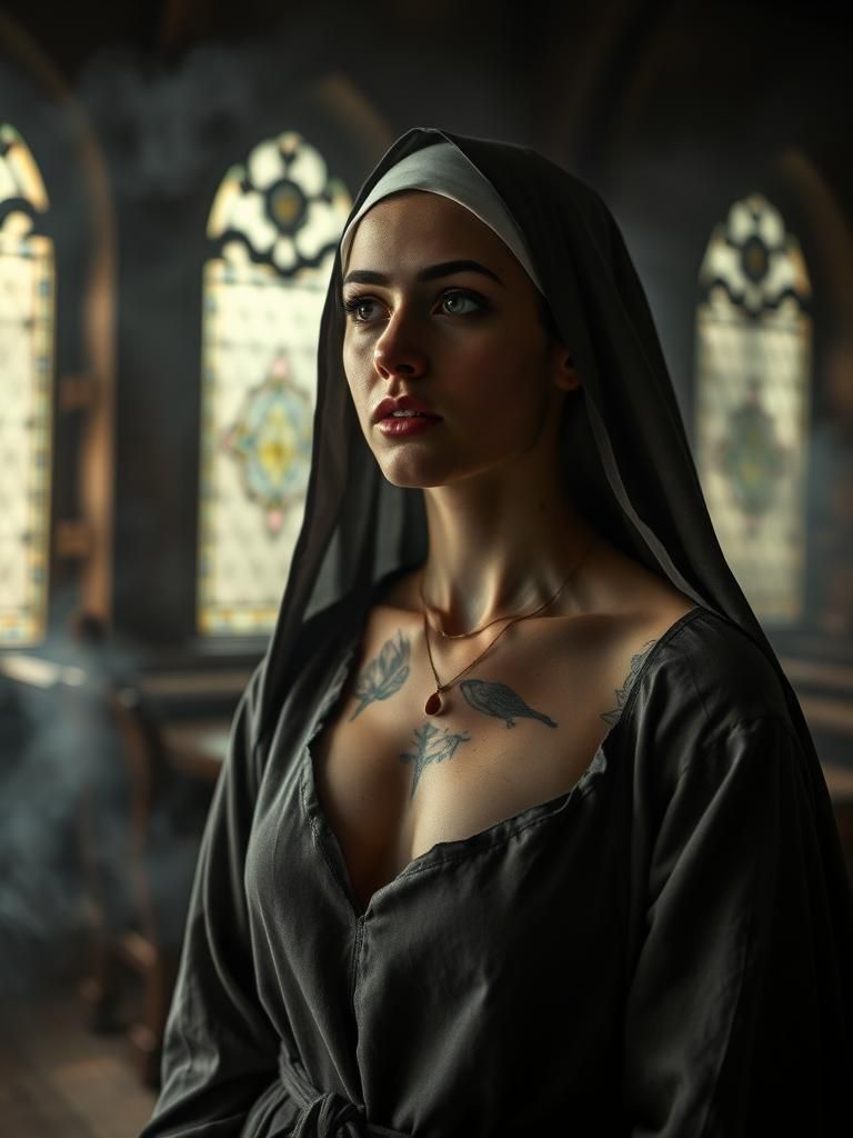 Young Nun in Smoky Convent, Analog Film Aesthetic