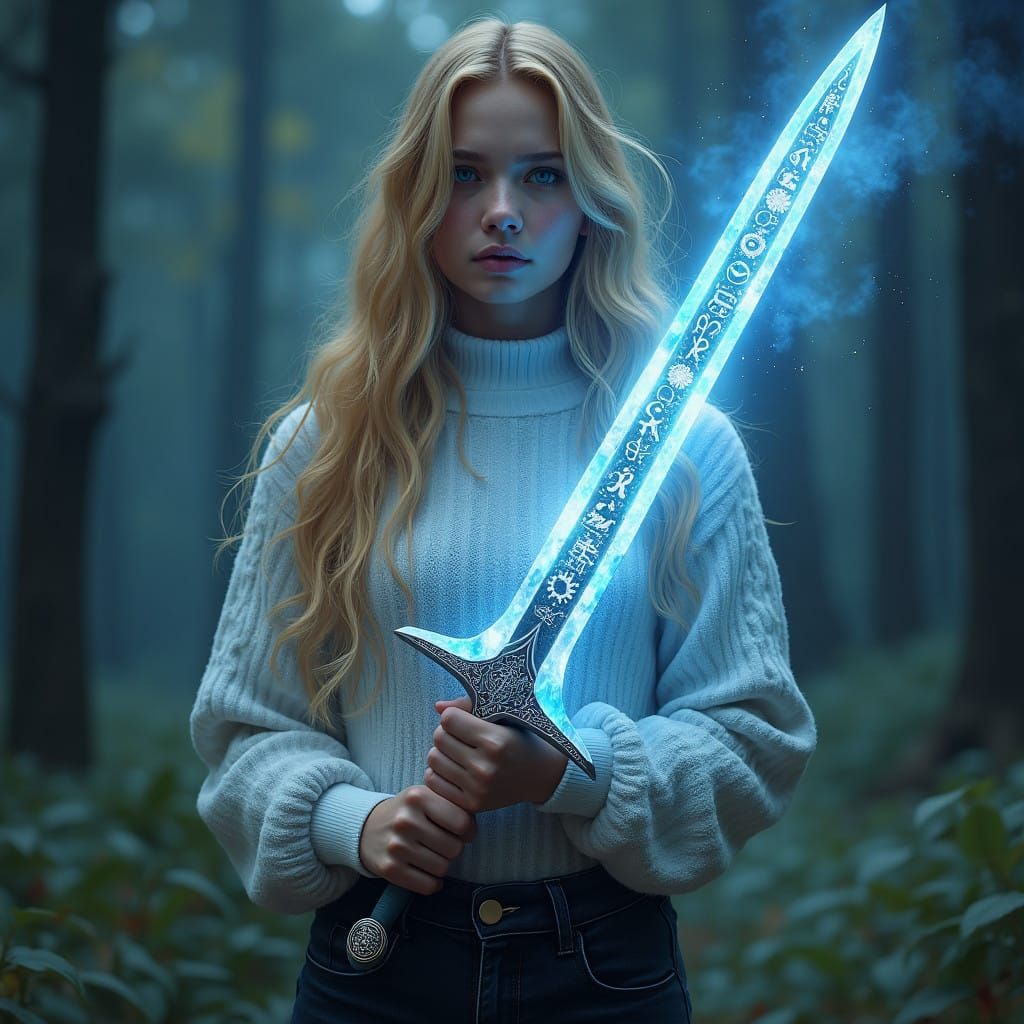 Witch in Mystical Forest, Wielding Ancient Blade