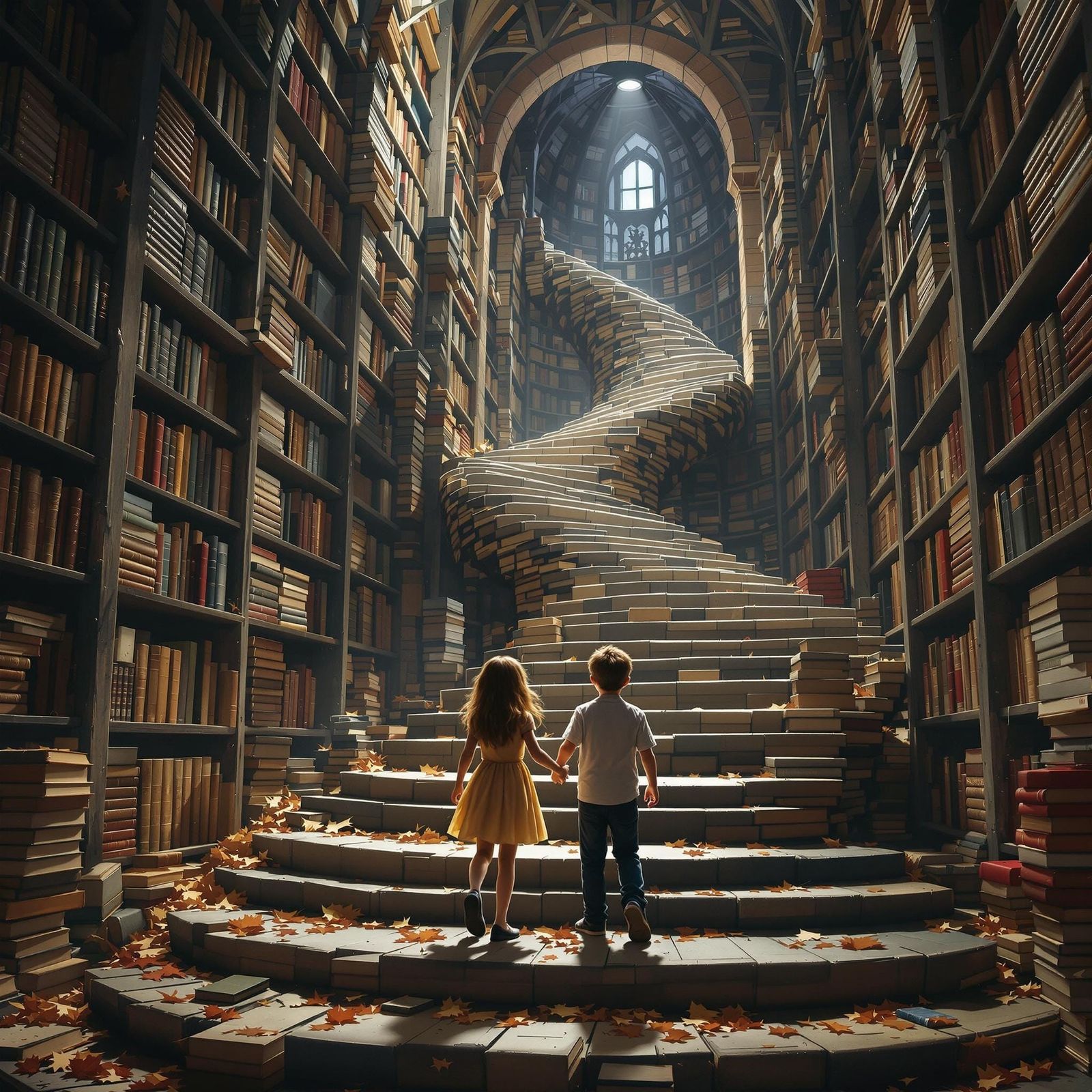 Children Discover Magical Staircase Made of Books