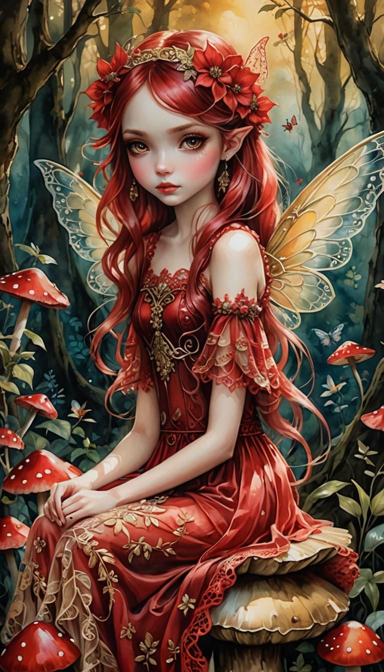 Red Fairy in Mystical Forest, Watercolor Art