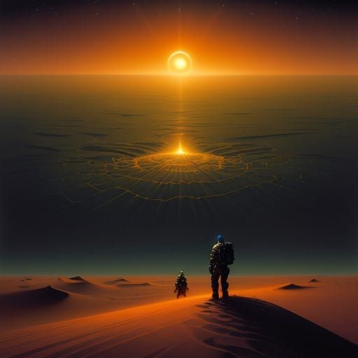 Lone Figure Amidst Golden Dunes of Arrakis at Sunset