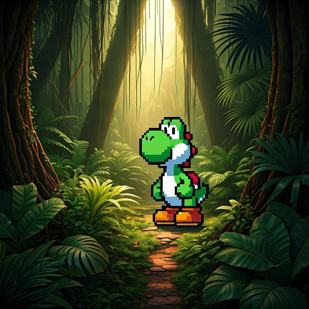 Pixelated Yoshi in Tropical Jungle