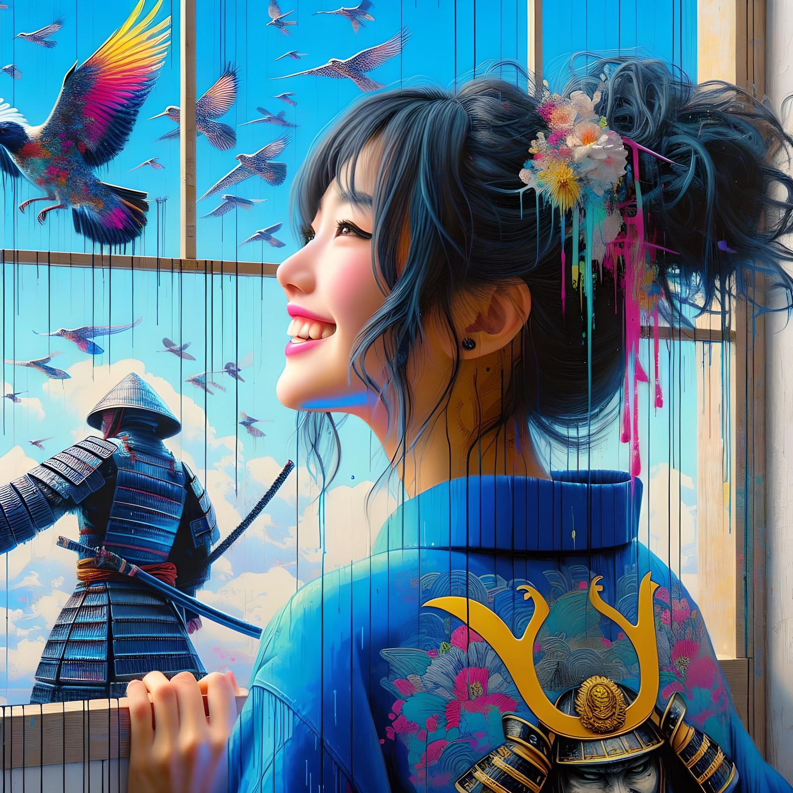 Smiling Japanese Girl with Samurai Tattoo in Street Art Styl...