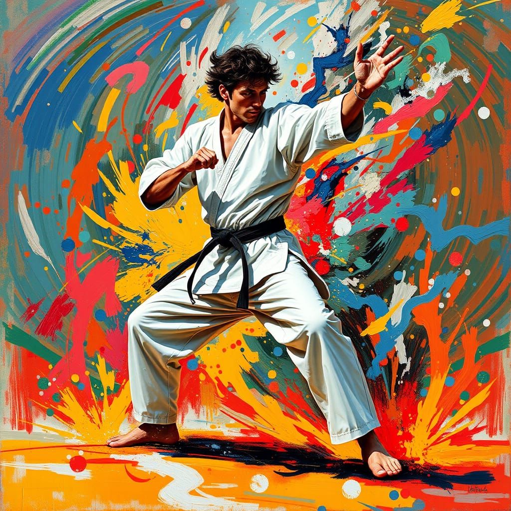 Dynamic Karate Art in Abstract Expressionist Style