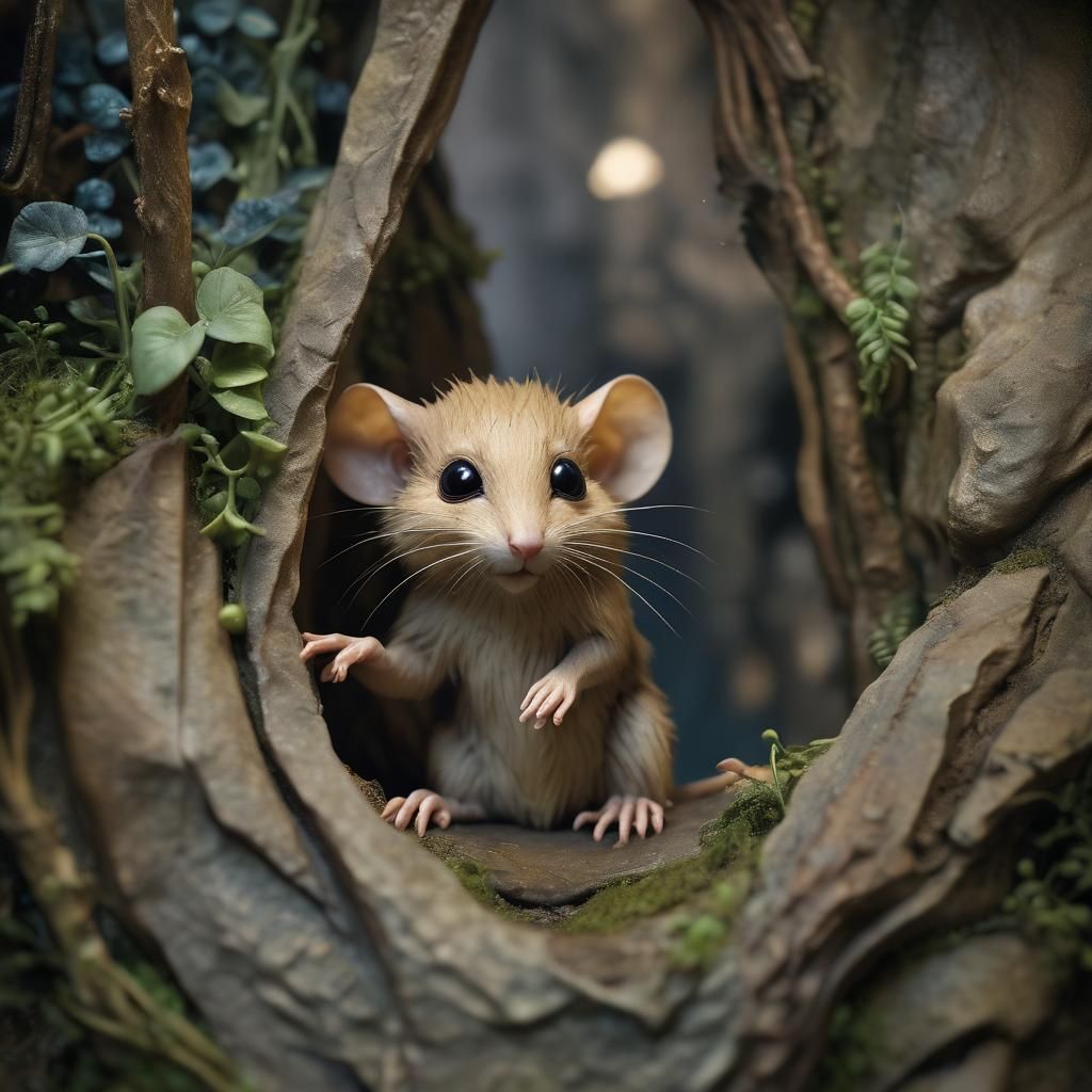 Anthropomorphic Dormouse Peek in Brian Froud Style