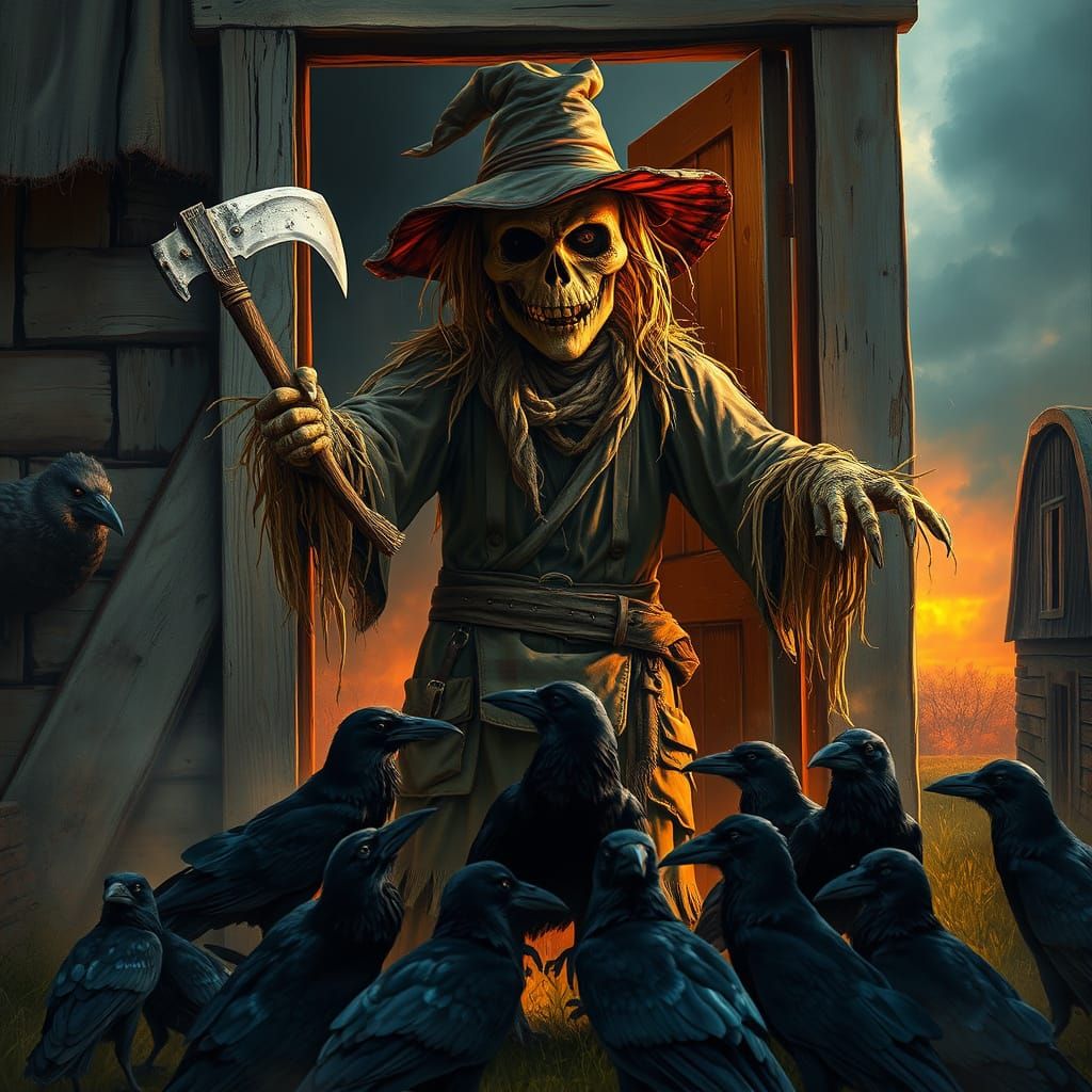 Hyperrealistic Scarecrow with Machete in Farmhouse Door