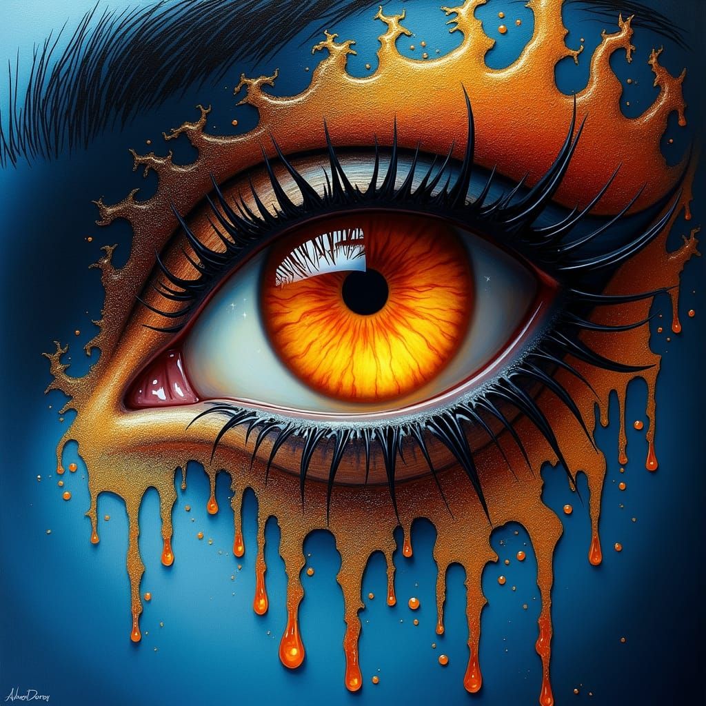 Luminous Orange Eye Radiating Against Blue Skin