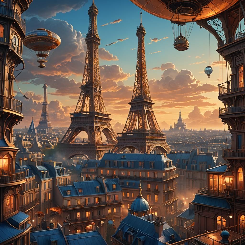 Steampunk Eiffel Tower in Parisian Sunset