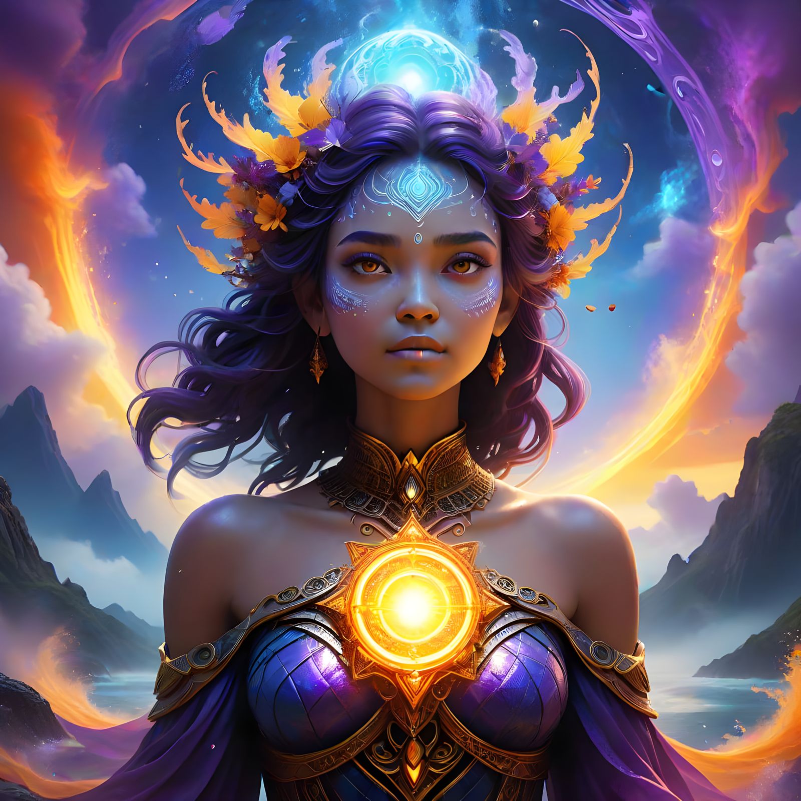 Surreal Elemental Goddess in Vibrant Iridescent Colors