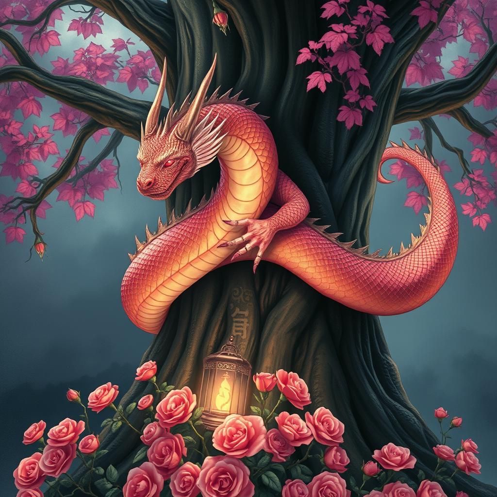 Dragon Embracing Ancient Tree in Mystical Light
