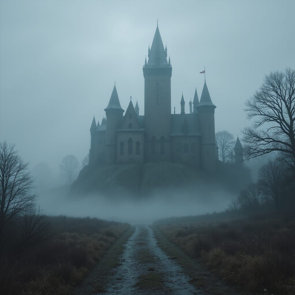 Moody Monochromatic Castle in a Foggy Landscape Painting