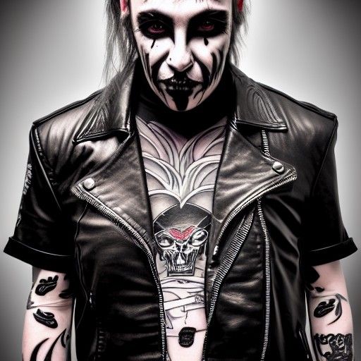 Demented Biker with Fractal Tattoos: Hyperrealistic Portrait