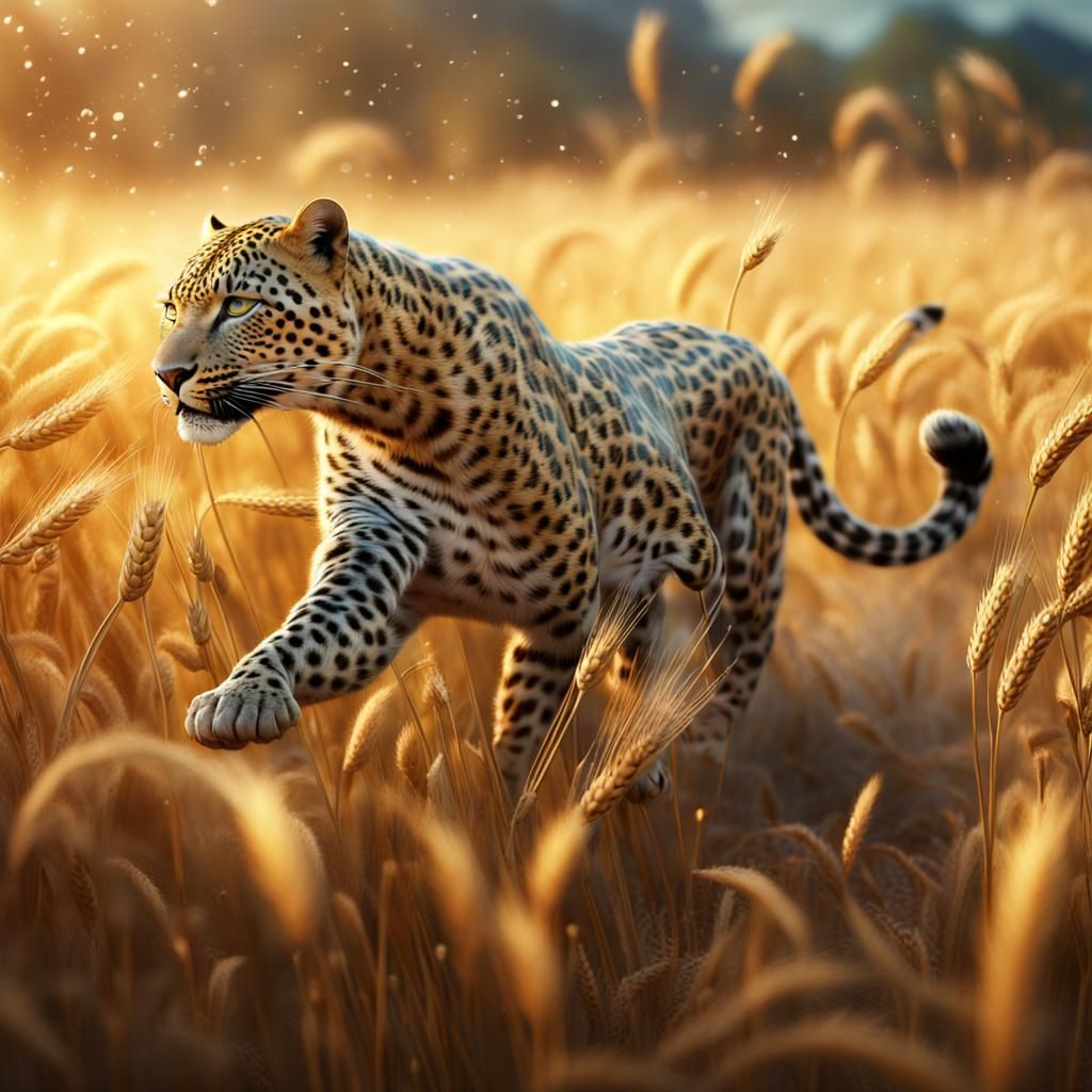 Water Leopard Running Through Wheat Field