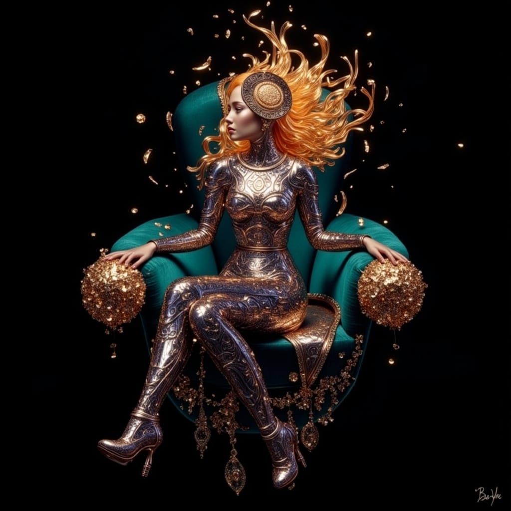 Golden Figure on Velvet Throne in Emerald Light