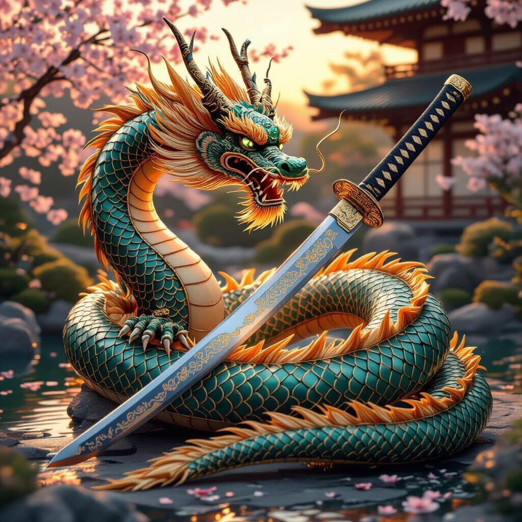 Imperial Japanese Dragon Coiled Around Katana in Sunset Ligh...