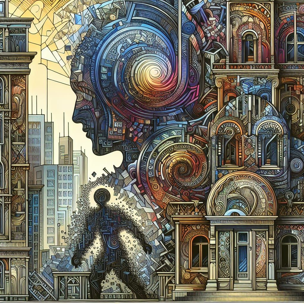 Maximalist Urban Scene with Mysterious Fractal Figure