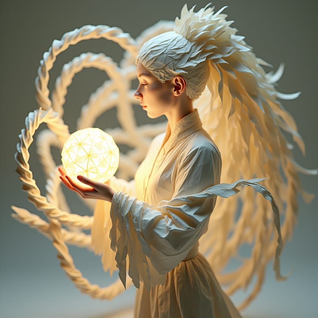 Origami Figure Holding Glowing Orb