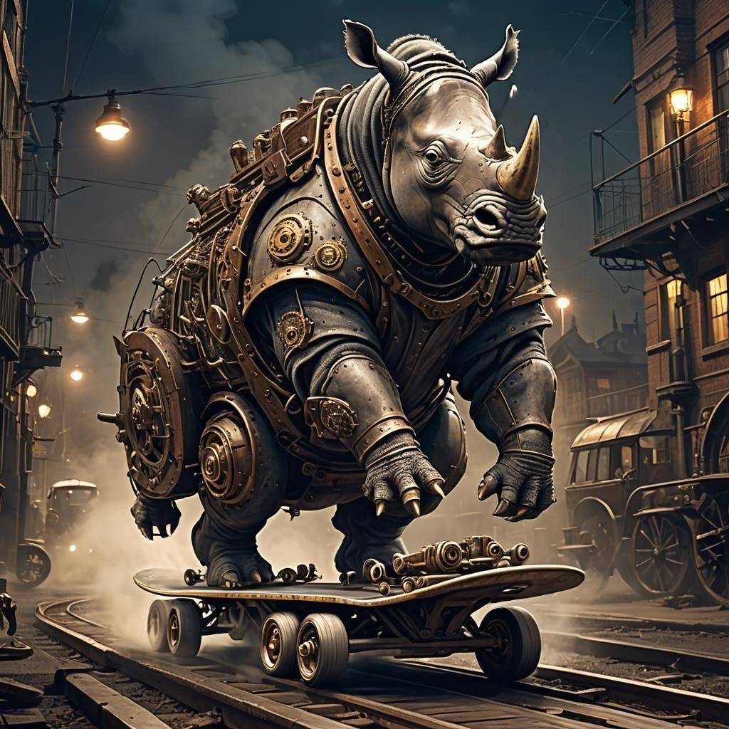A rhino rides with daring might,
On a skateboard, in the night.
Grinding rails with skillful glee,
A wild sight for all ...