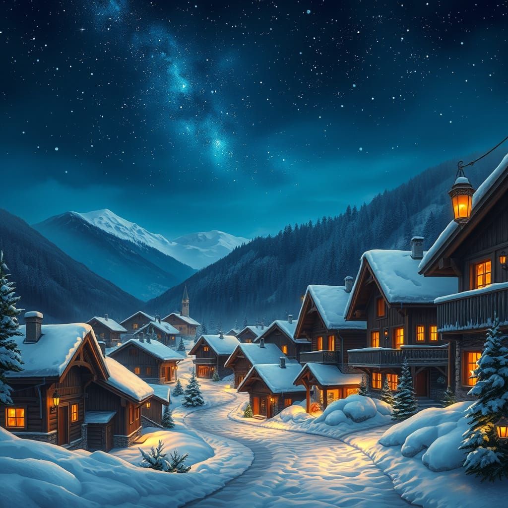 Cozy Alpine Village at Night with Glowing Lanterns