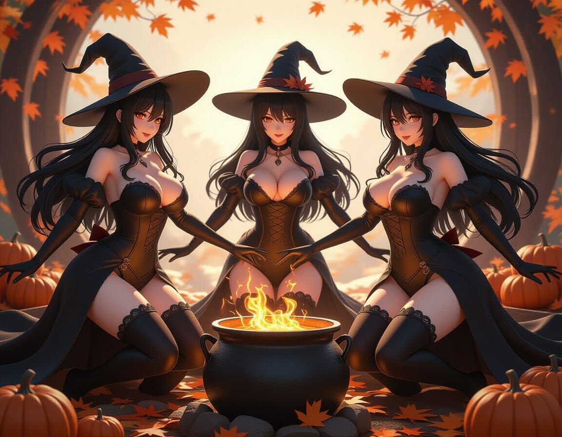 Three Alluring Witches Dance Around a Cauldron