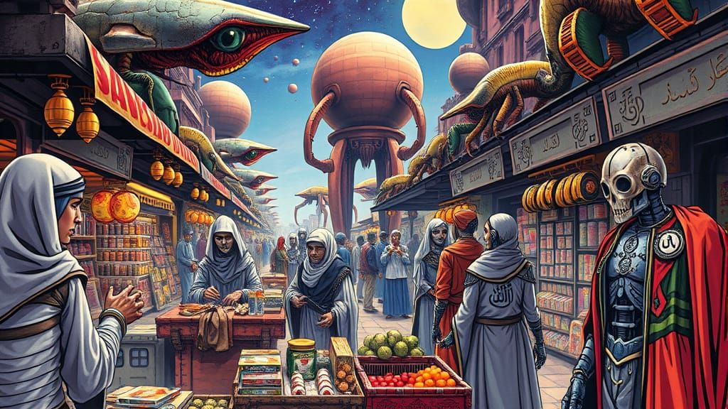 Bustling Alien Marketplace in Comic Book Style