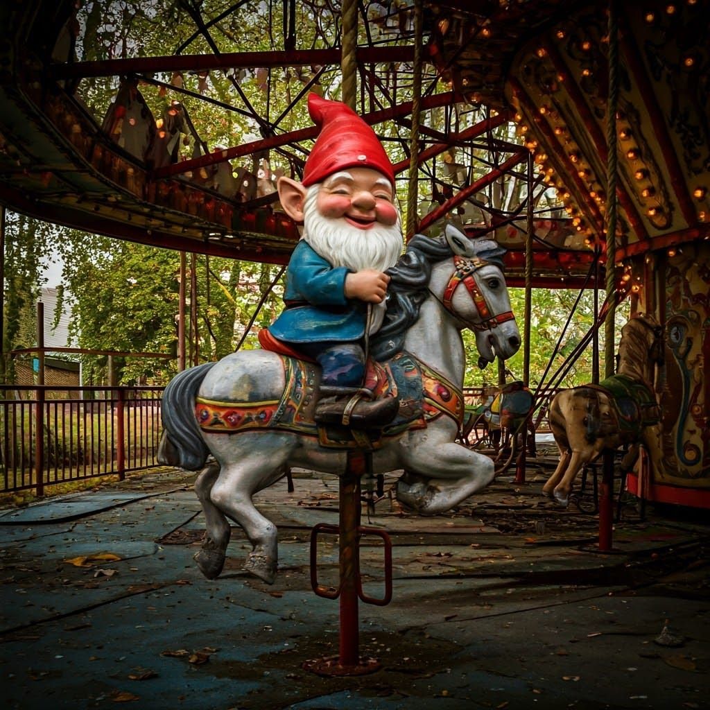 Gnome Rides Carousel Horse in Abandoned Carnival