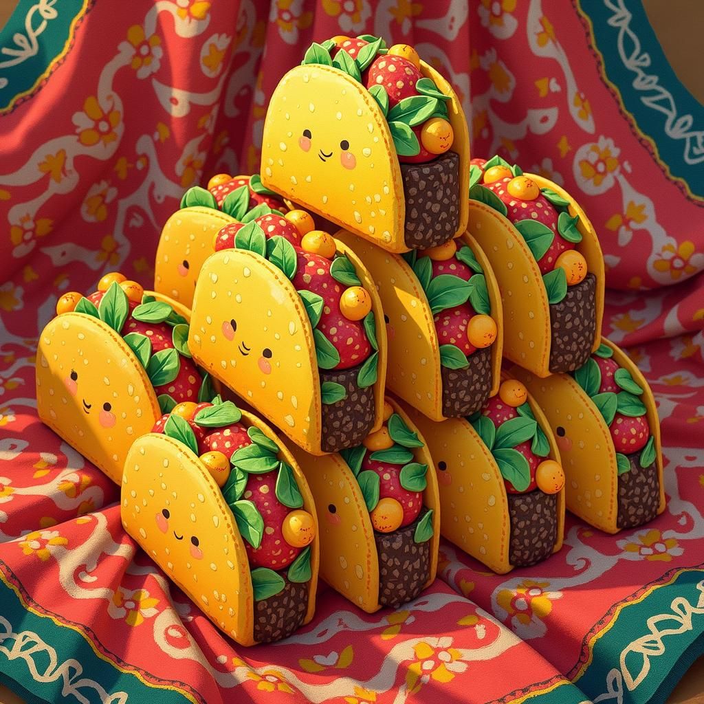 Playful Taco Dominoes Pyramid on Mexican Blanket