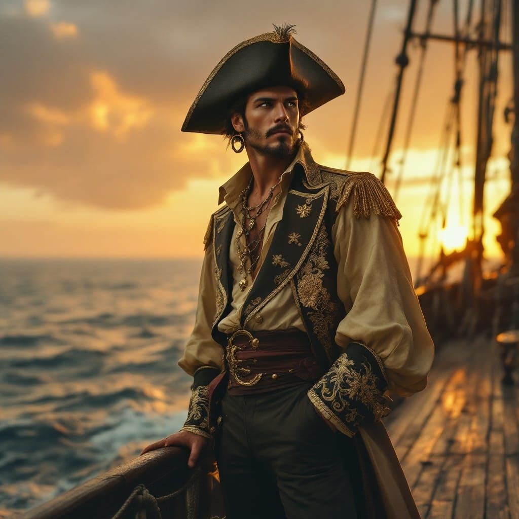 Dashing Pirate on a Majestic Sailing Ship at Sunset
