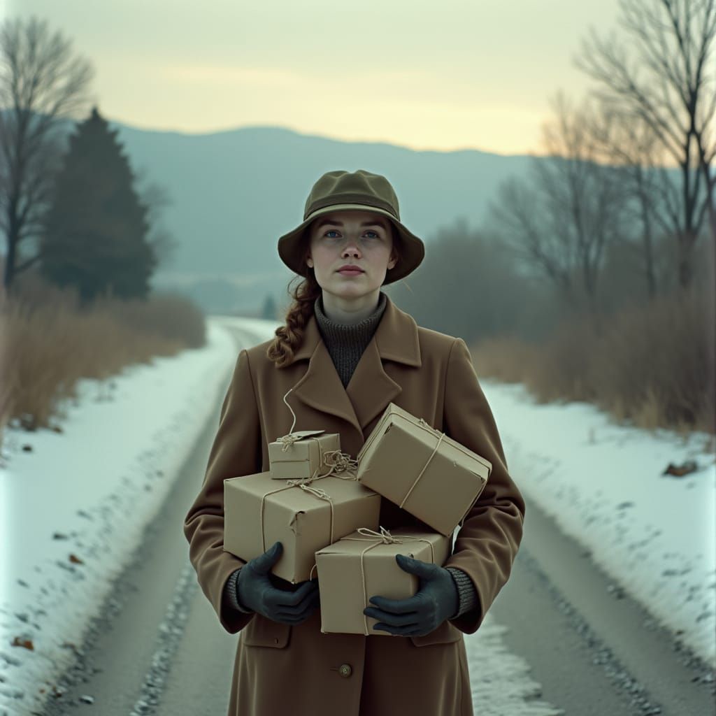 1930s Woman in Snowy Lane: Cinematic Film Still