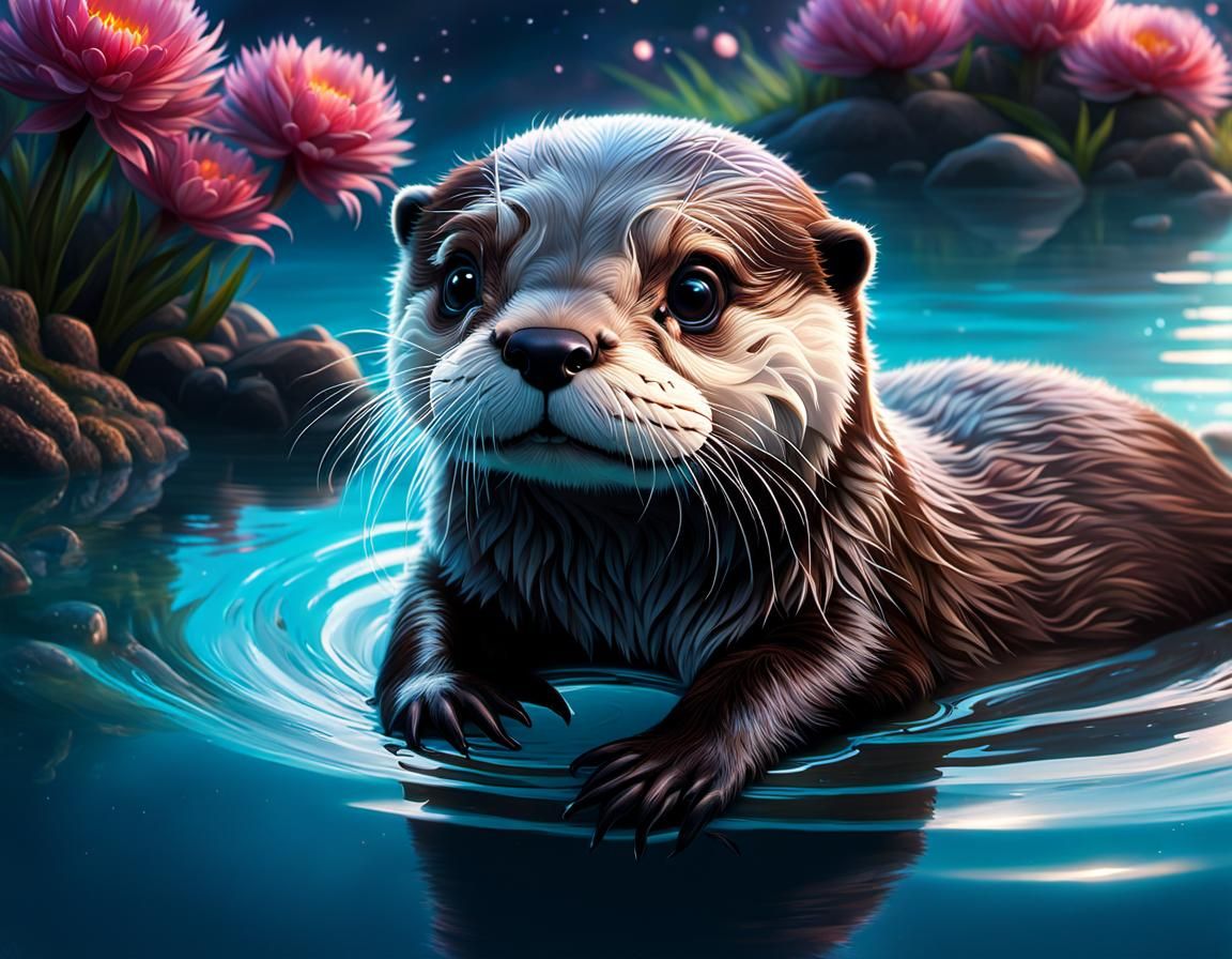 Cute Baby Otter Swimming in Vivid Colors