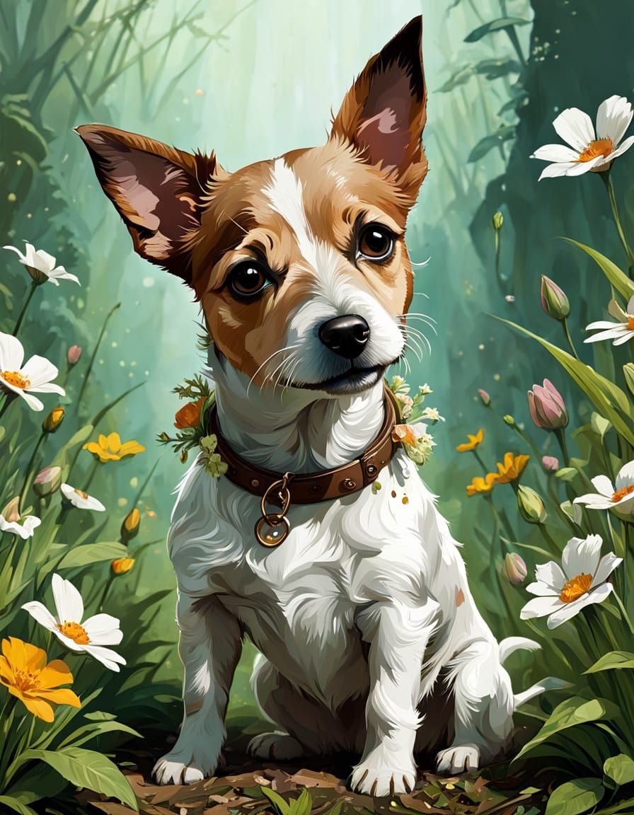 Cute Springtime Jack Russell Terrier in Digital Painting Sty...