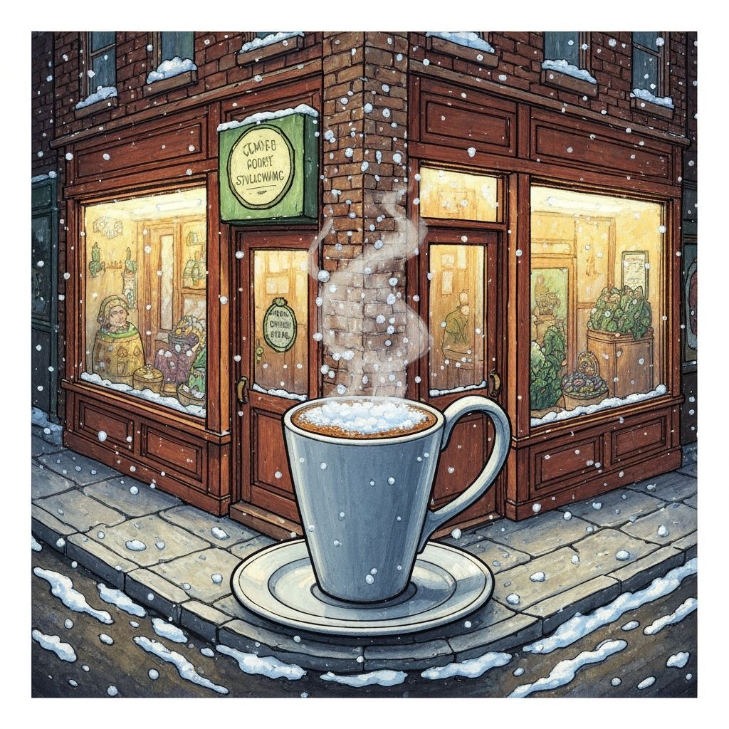 Giant Steaming Coffee Cup Building in Winter