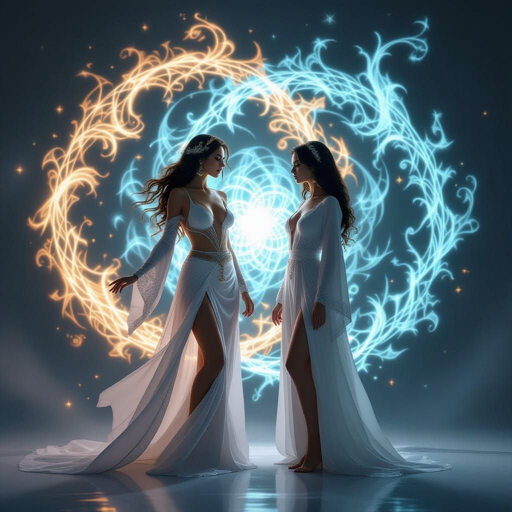 Sorceress Sisters in Whirlwind of Glowing Alchemical Symbols