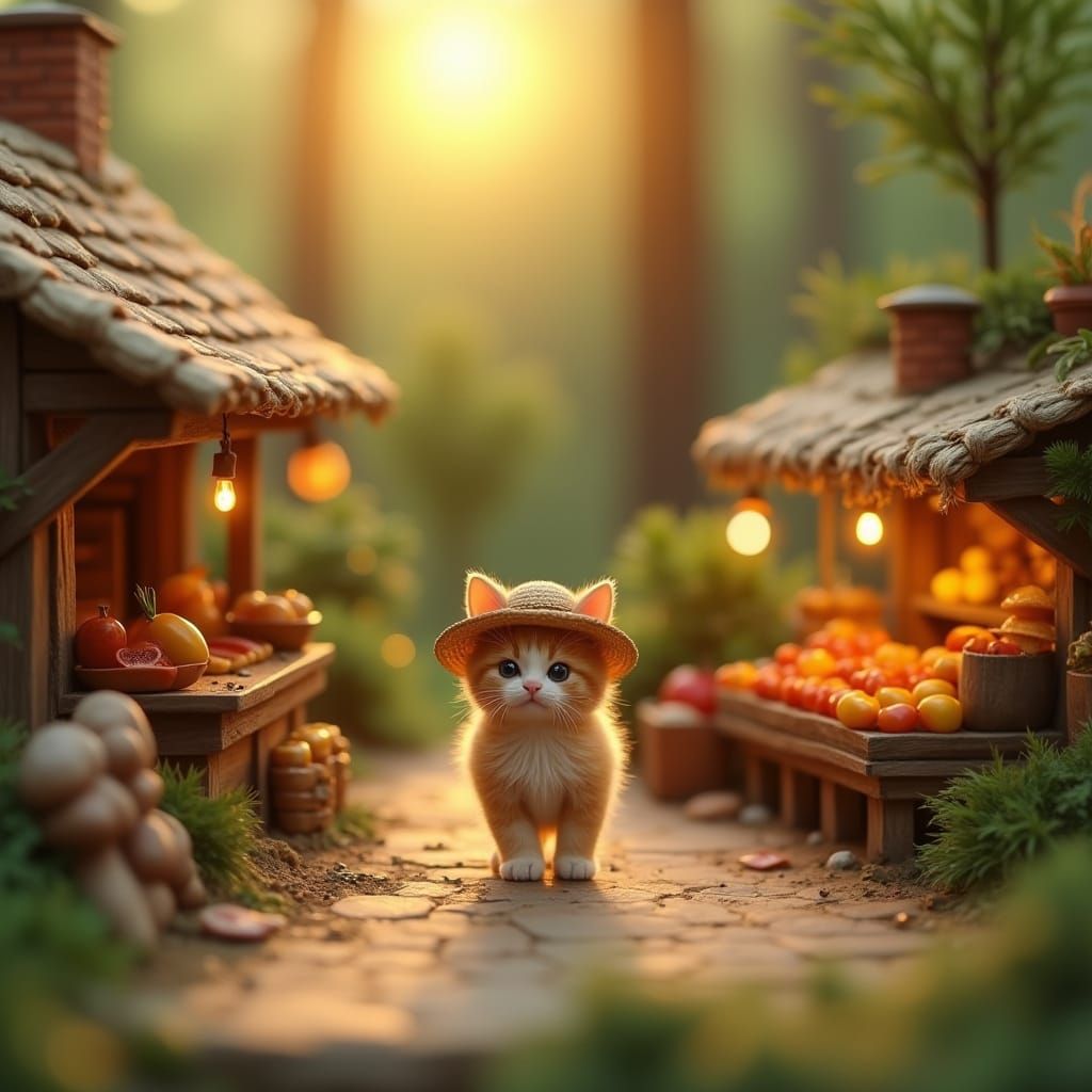 Kitten's Market Day in 3D Diorama Scene