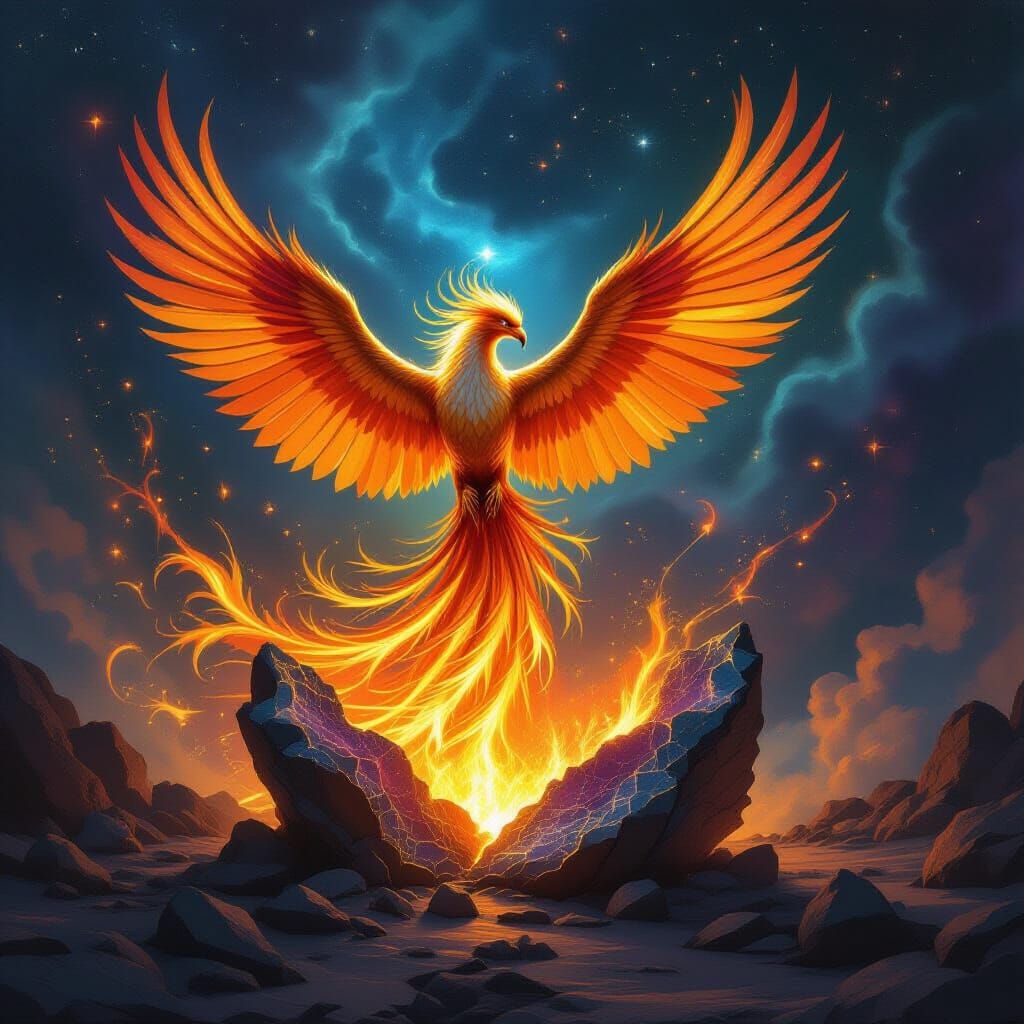 Majestic Phoenix Erupts From Geode Amidst Cosmic Nebula