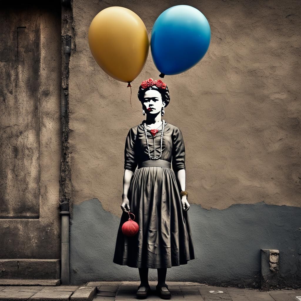 Banksy's Girl With Balloon in the style of Frida Kahlo