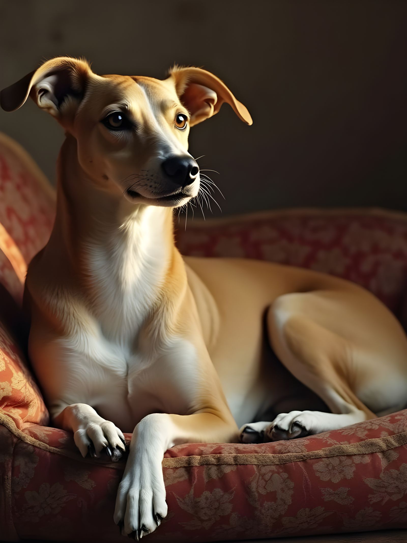 Elegant Fawn Greyhound at Rest in Luxurious Brocade