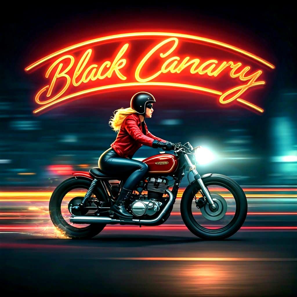 Black Canary on Motorcycle, 1940s Cinematic Film Still