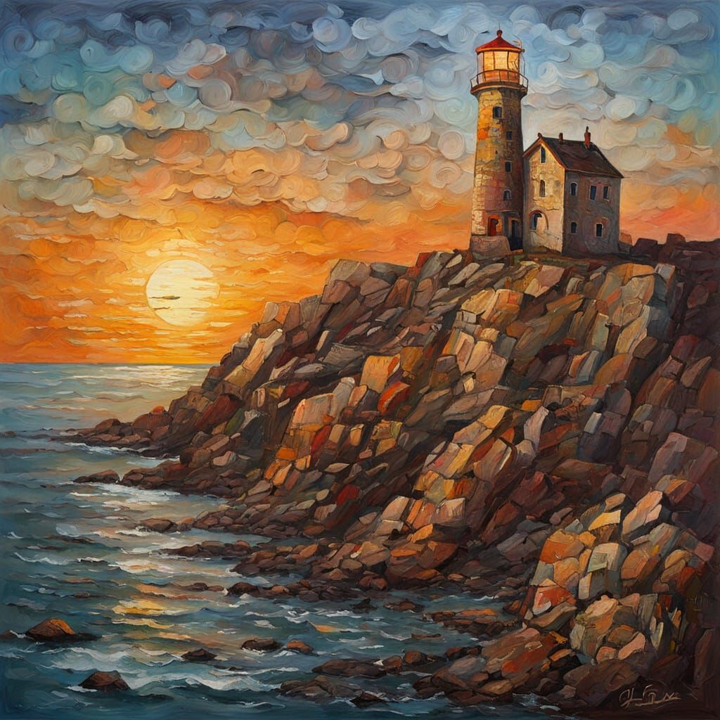 Naïf Style Lighthouse Oil Painting at Sunset