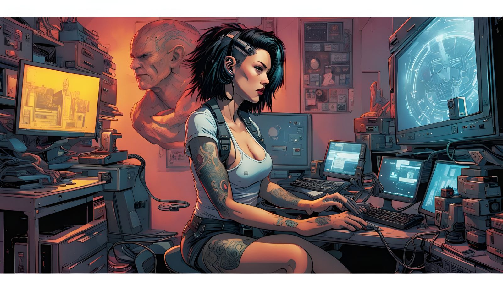 Netrunner in Cyberpunk Apartment, Comic Book Art