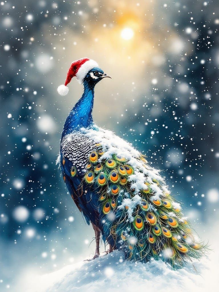 Surreal Christmas Peacock in Winter Wonderland