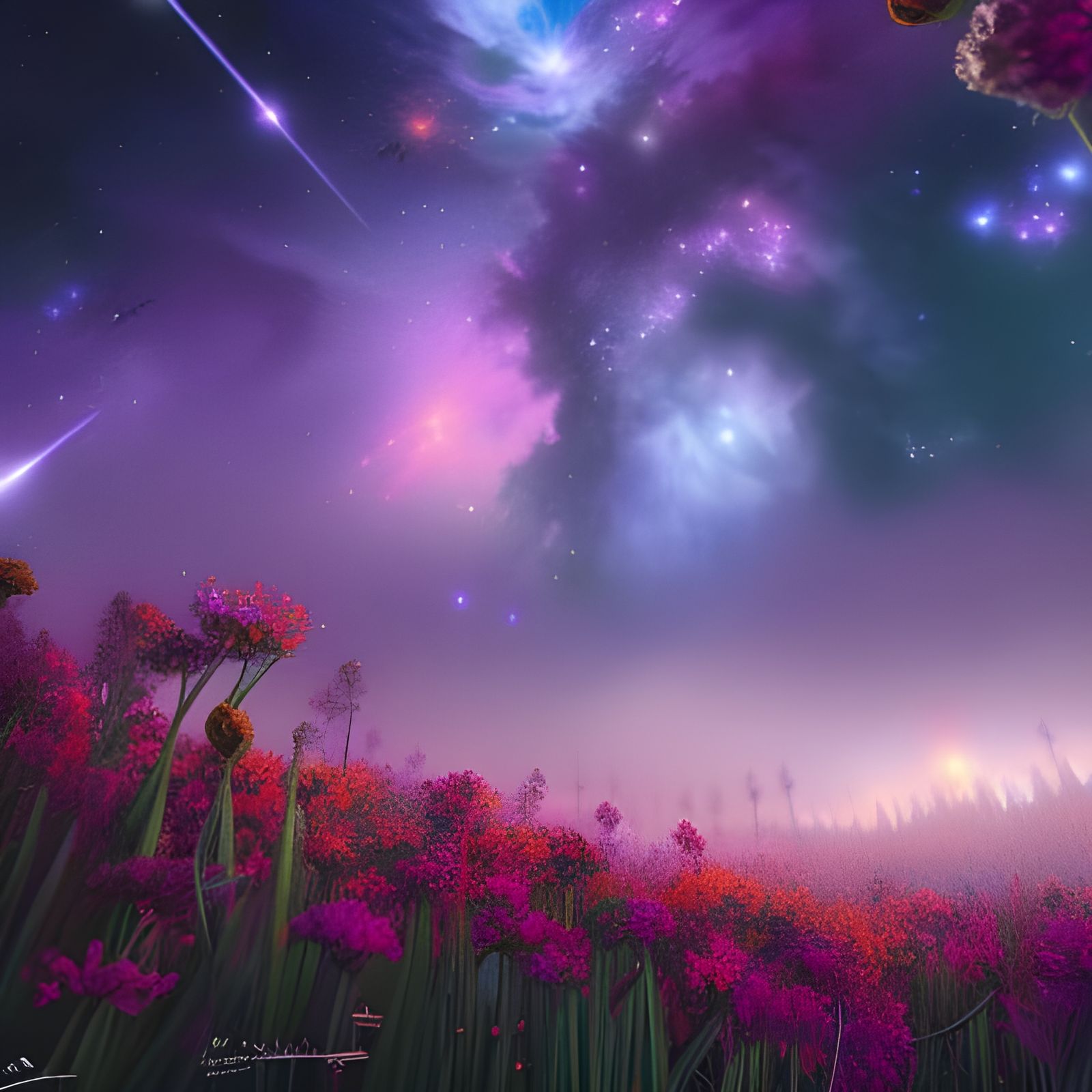 Galaxy Over Flowers: Hyperdetailed Digital Concept Art