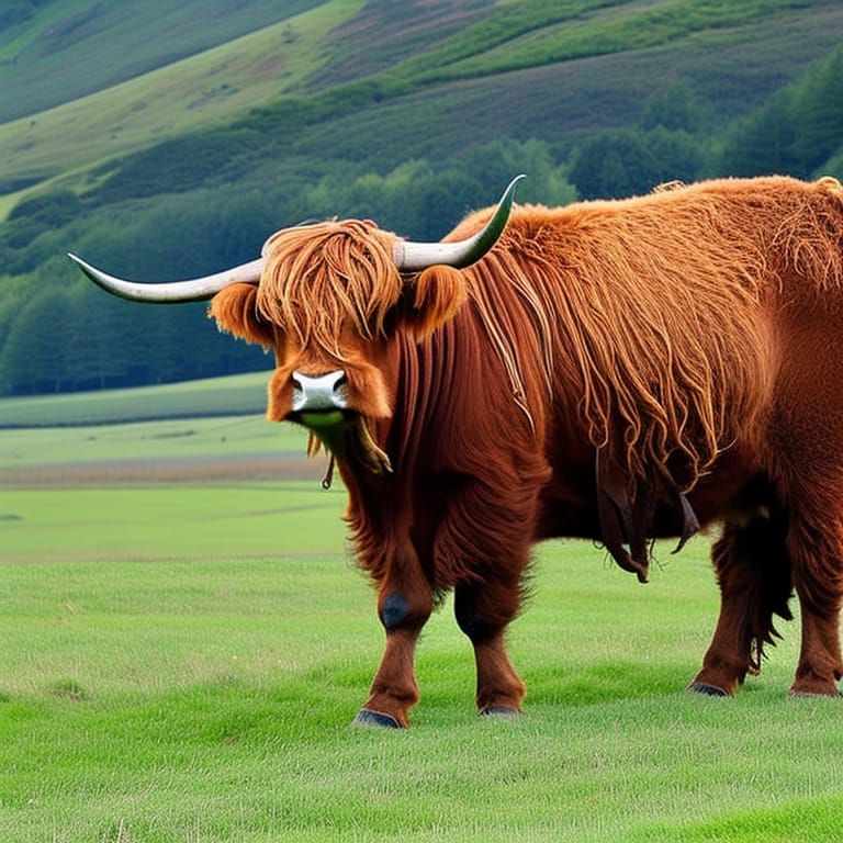 Highland Cow Grazing in a Green Field