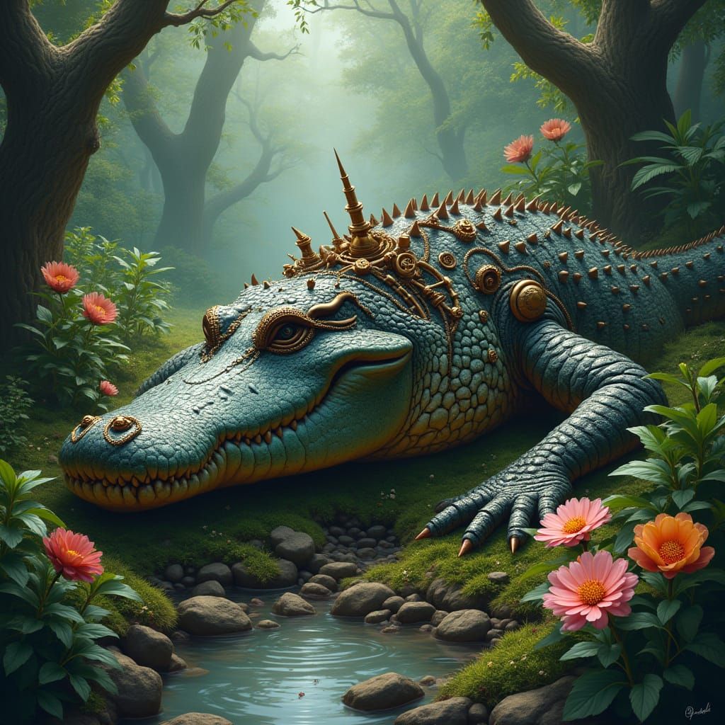 Colossal Clockwork Alligator in Overgrown Jungle Clearing