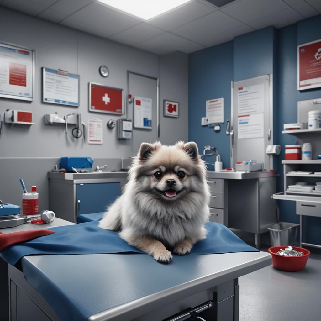 Light Grey Pomeranian at the Vet in Detailed Digital Paintin...
